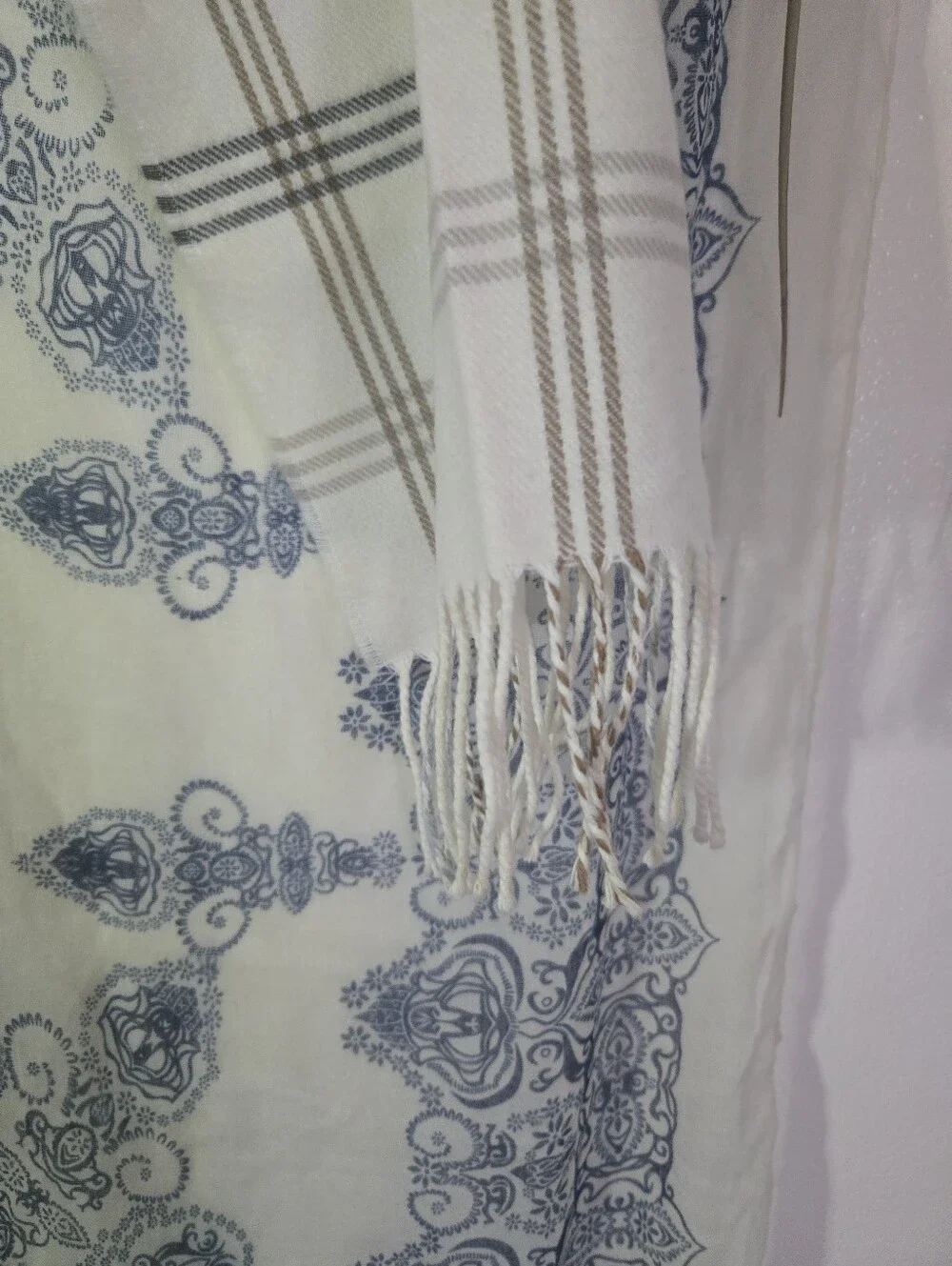 4/$15 Boho Cottagecore Plaid Fringe Scarf Cream Taupe Blue Cozy Oversized Wrap